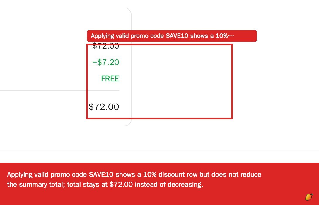Applying valid promo code SAVE10 shows a 10% discount row but does not reduce t…